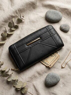 Unbranded Zip Around Wallet Geo Embossed Minimalist Black Clutch One Size